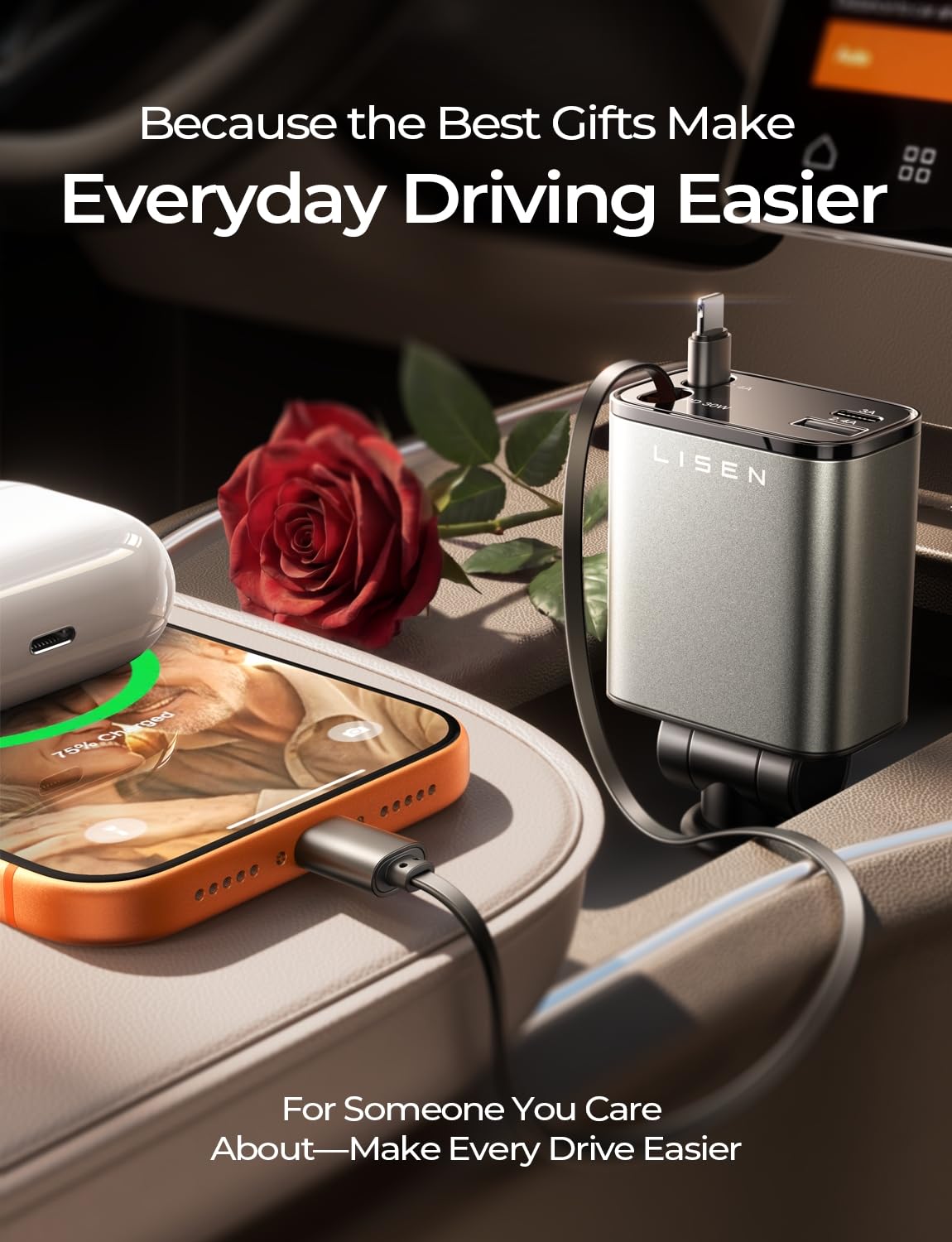LISEN Retractable Car Charger, for Valentines Day Gifts for Him Her, 69W Cars Adapter USB C Fast Charger for iPhone 17 16 14, Car Accessories Gadgets for Men, Anniversary Birthday Gifts for Men Women