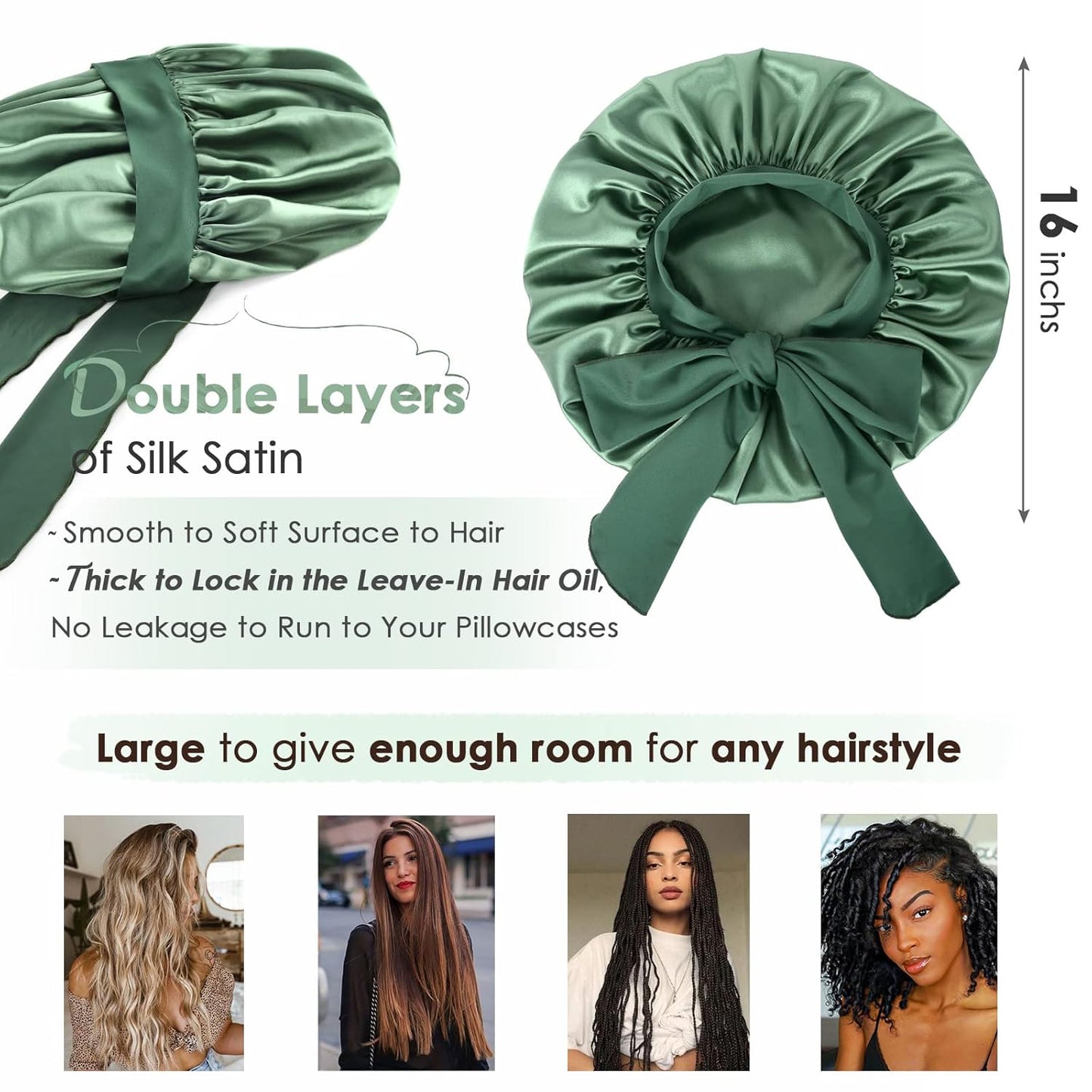Silk Bonnet for Sleeping | Double Layer Satin Lined | Curly Hair - Sage