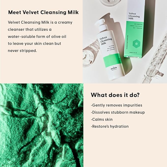 Stratia Velvet Cleansing Milk - Gentle Cream Face Cleanser, Moisturizing & Non-Foaming with Chamomile, Olive Oil & Aloe Vera, 8 Fl Oz