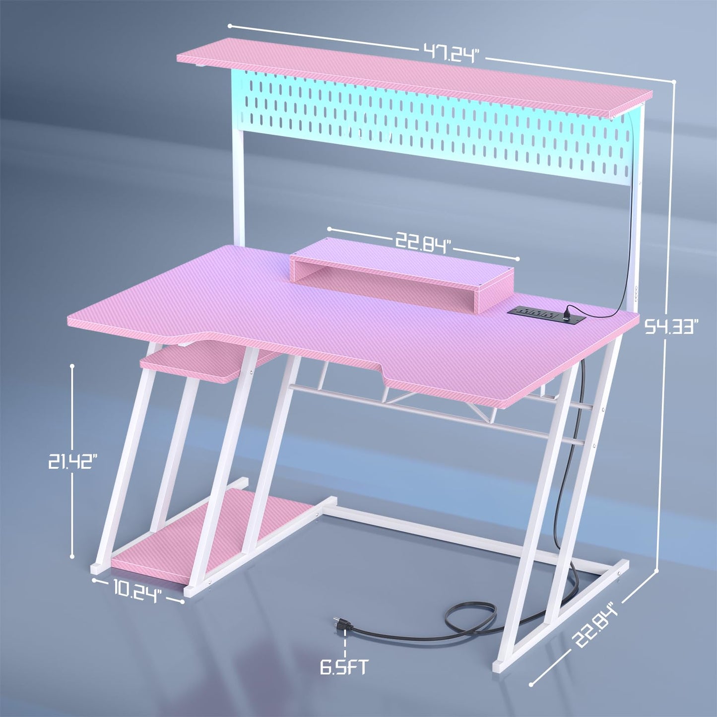 Armocity Gaming Computer Desk with Power Outlets, Gaming Desk with Hutch and LED Lights, Reversible PC Gaming Desk with Pegboard, Carbon Fiber Pink, 47"