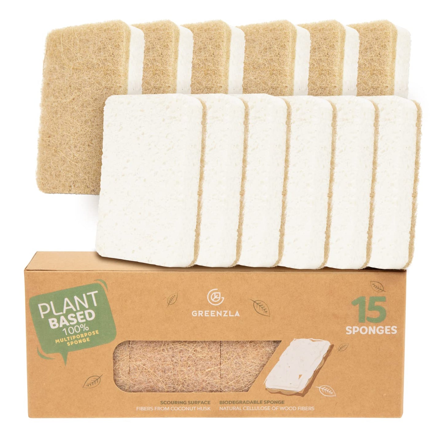 Greenzla Kitchen Sponges, Odor Free Plant-Based Dish Sponges, Non-Scratch Sisal Hemp Scouring Pads for Dishes, Countertops, Bathtubs, and Tiles, 6 Pack