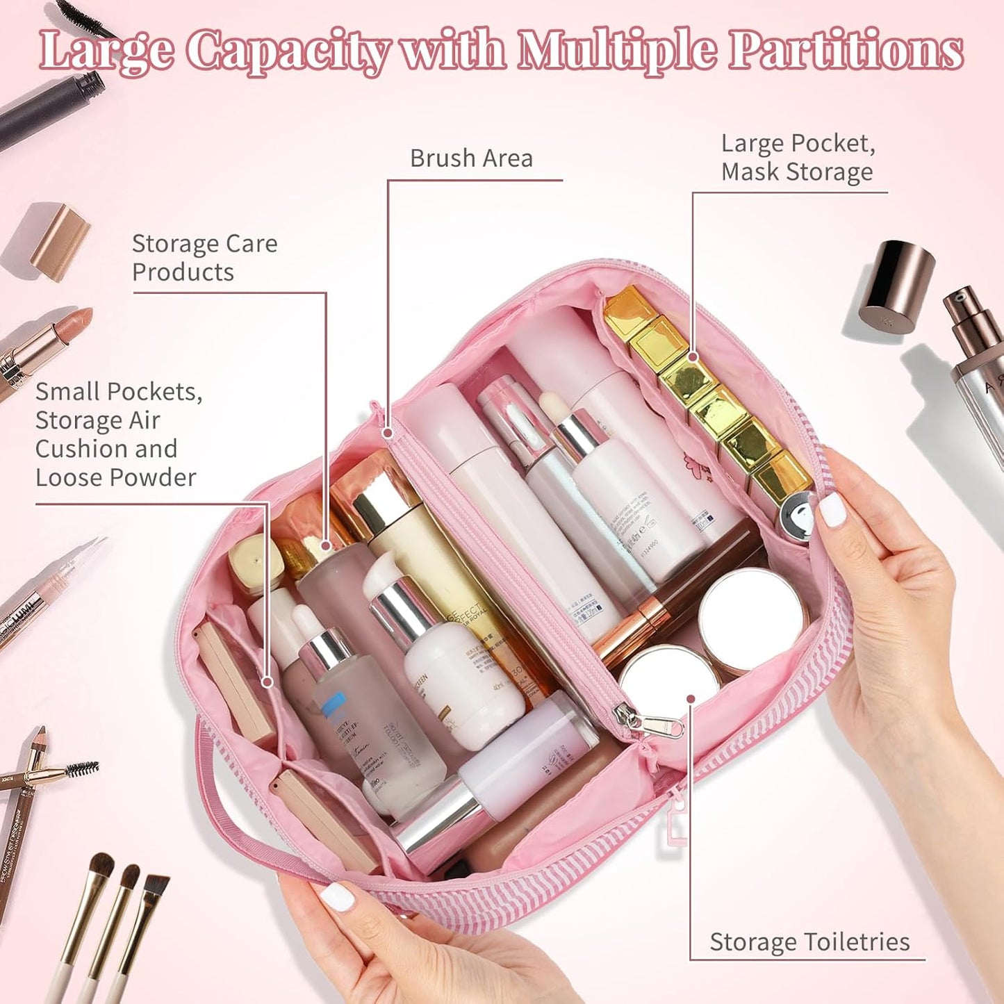 Travel Makeup Bag for Women, 2Pcs Portable Personalized Initial Makeup Organizer Bag, Open Flat Large Cosmetic Bag With Travel Essential Pouch (Pink Letter M)