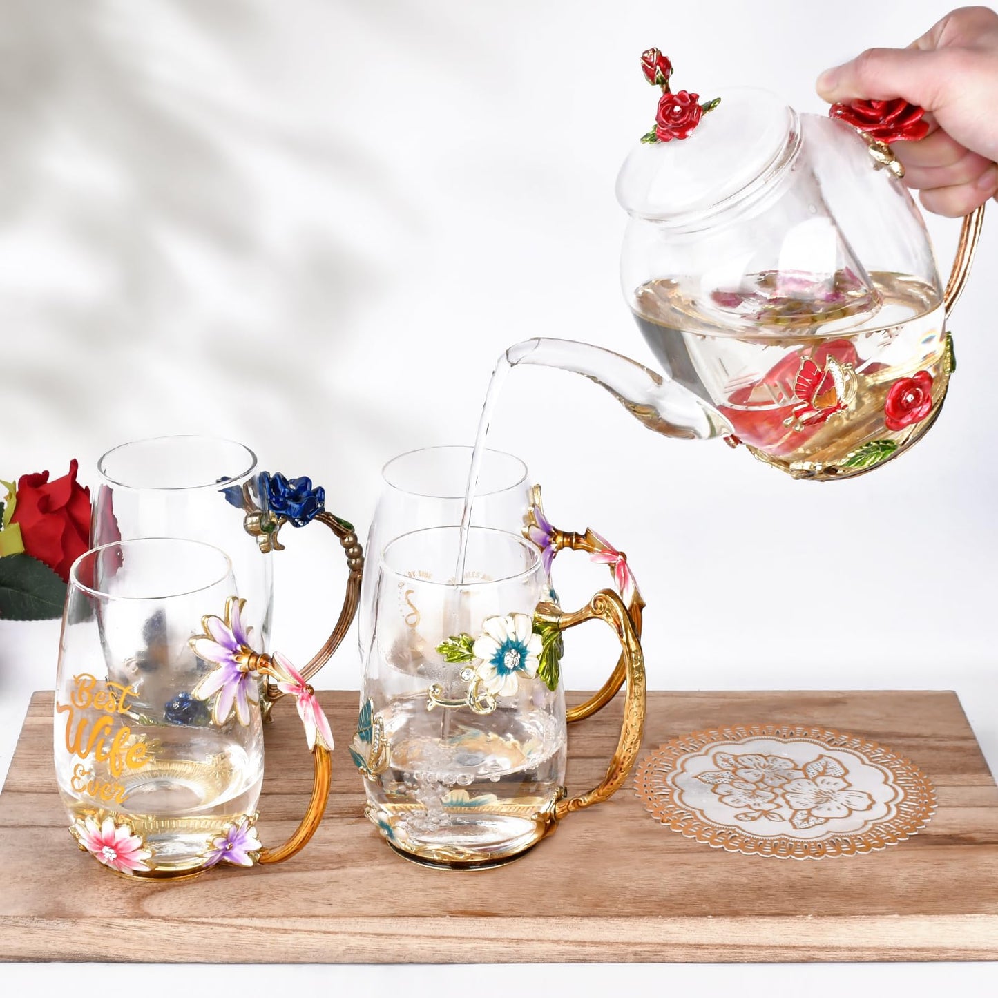 Enamel Glass Flower Tea Pot With Removable Loose Tea Leaf Infuser Tea Maker Teapot Set 30.4OZ Gifts for Women,Mom,Birthday