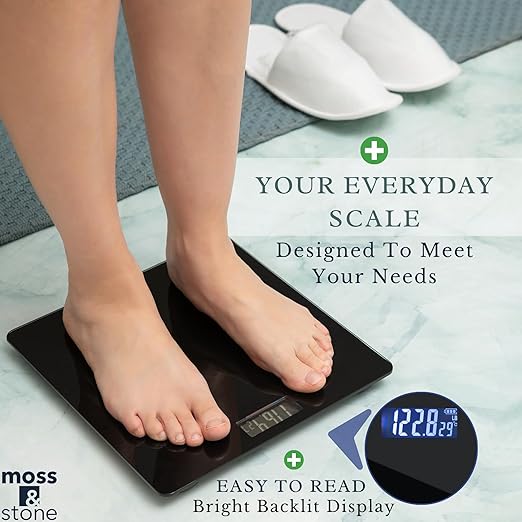 Moss & Stone Digital Body Weight Bathroom Scale Smart Scale Step-on Technology with Easy Read LCD, Up to 400 Pounds Perfect Digital Home Scale,10 Inch Black Highly Accurate Scale for Body Weight