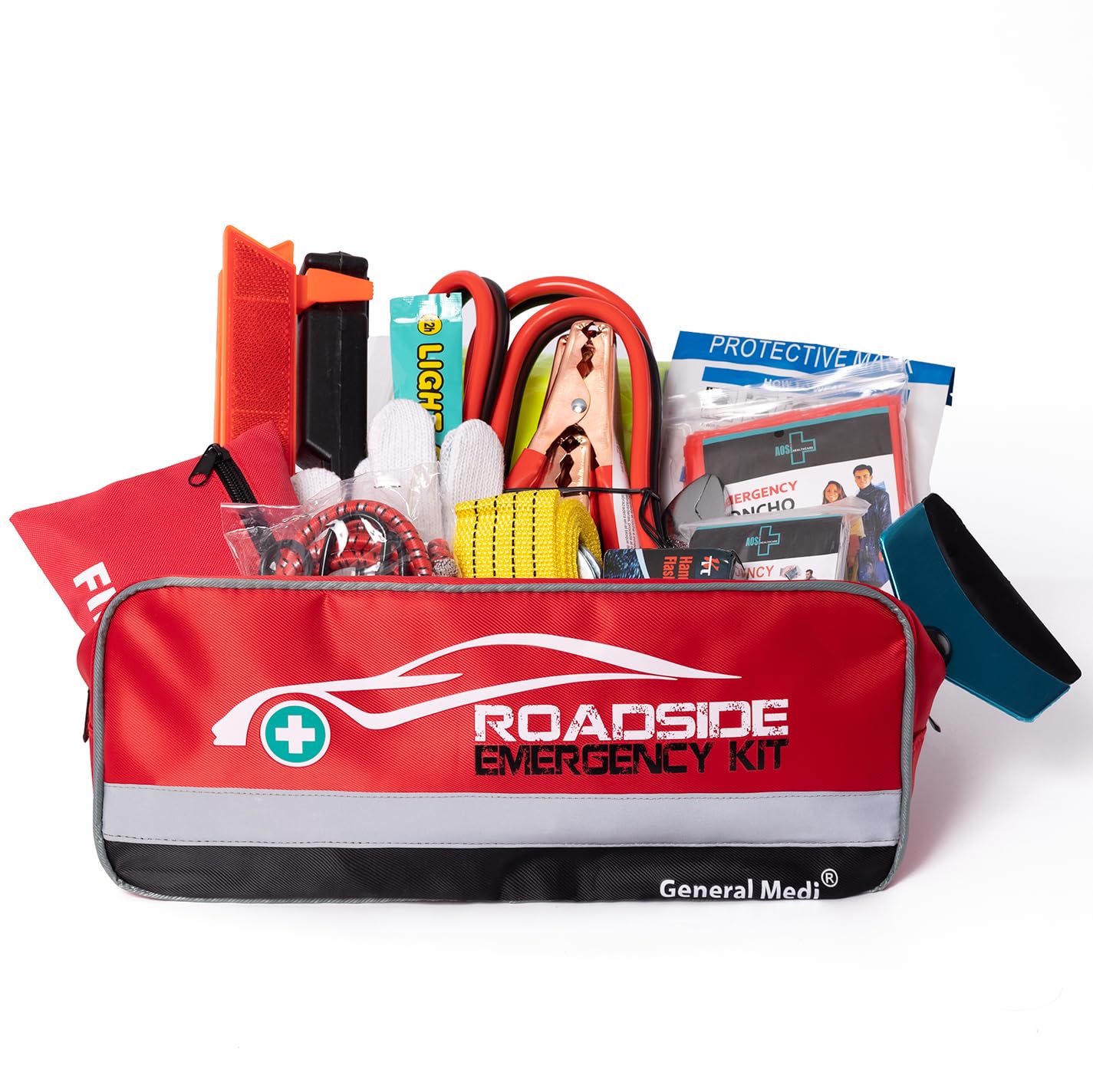 General Medi 127-Pieces Roadside Car Emergency Kit Include Mini First Aid Kit, Jumper Cables,Tow Rope, Bandage, Safety Vest, Emergency Triangle, All in One Pack