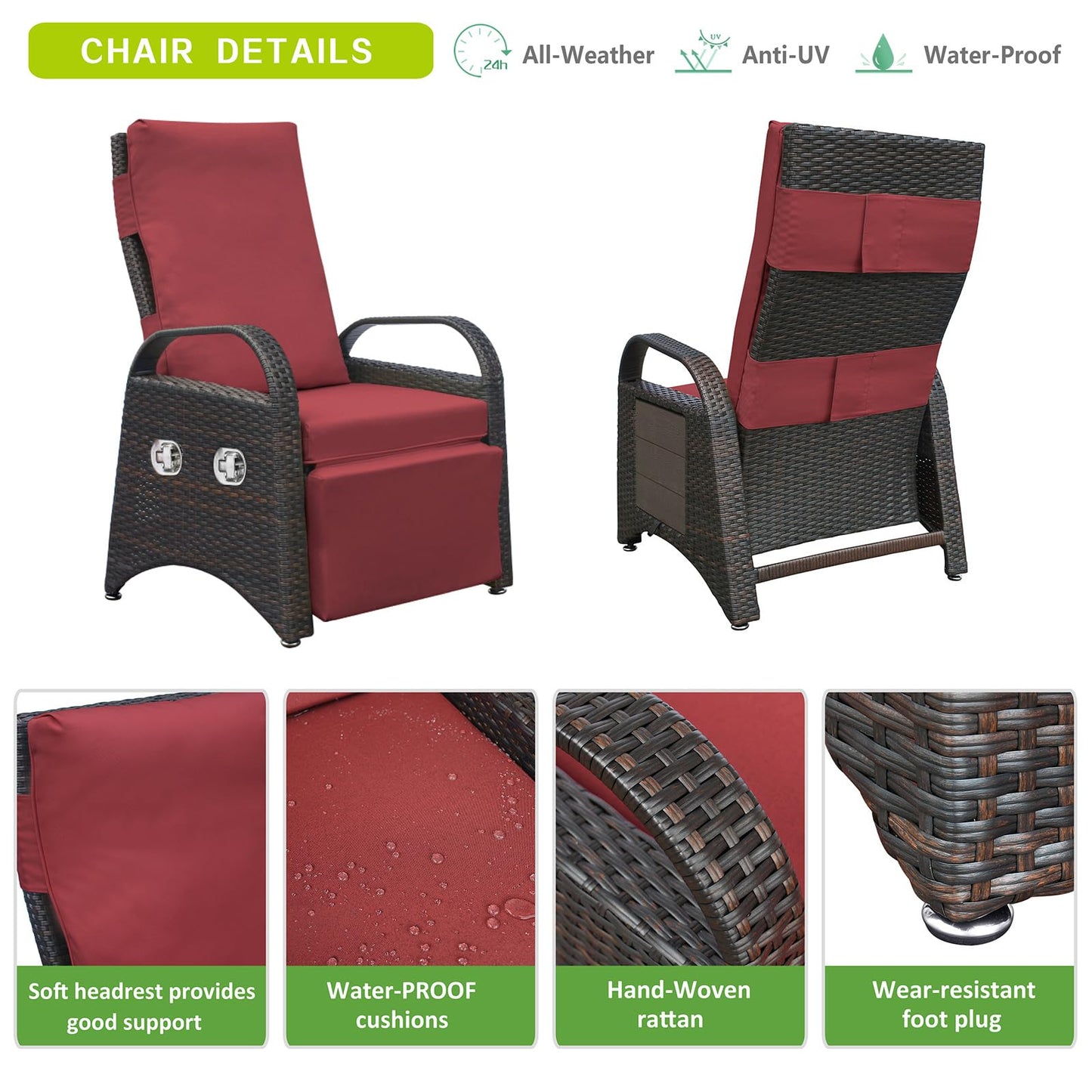 ATR ART TO REAL Outdoor Recliner Chairs, PE Wicker Reclining Lounge Chair with Removable Soft Cushion, Adjustable Outside Recliners for Patio, Porch, Poolside, Balcony, Lawn (Red, 2 PCS)