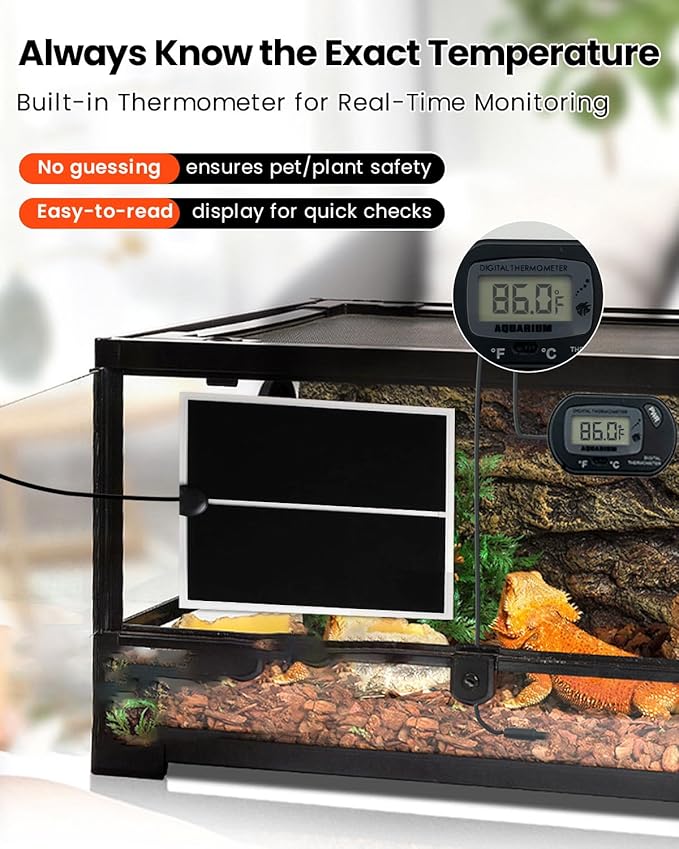 MQ Reptile Terrarium Heat Pad with LCD Digital Aquarium Thermometer, 6 x 11in Power Adjustment Under Tank Heater Mat for Pets, Small Animals, Seedling, 7W