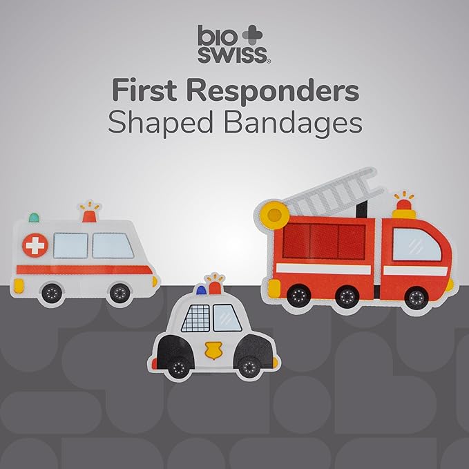 BioSwiss Bandages, First Responders Shaped Self Adhesive Bandage, Latex Free Sterile Wound Care, Fun First Aid Kit Supplies for Kids and Adults, 24 Count