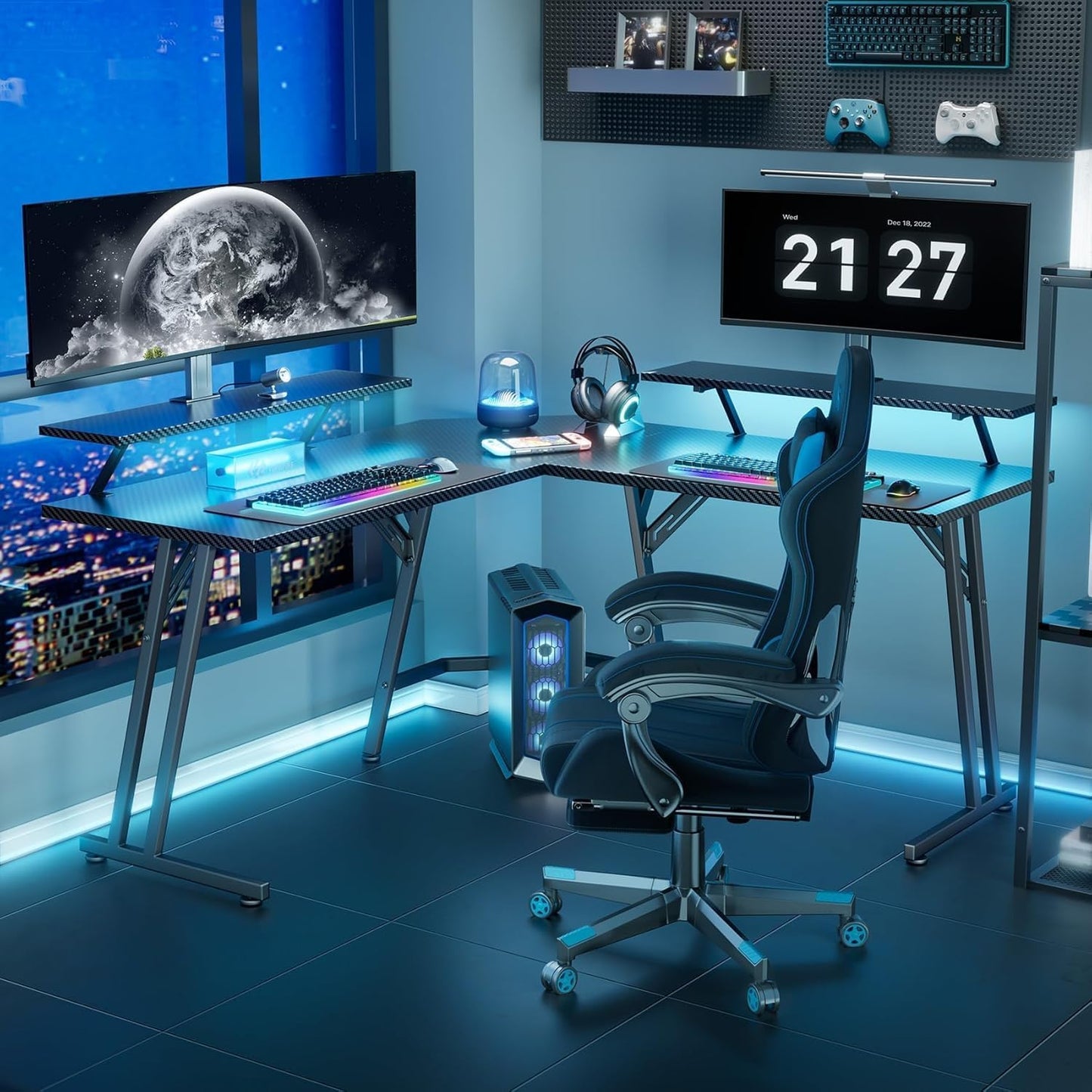 HLDIRECT 51 Inch L Shaped Gaming Desk with Monitor Stand and LED Lights, Corner Computer Desk with Carbon Fiber Surface, PC Gaming Table for Home Office Writing Workstation, Easy to Install, Black