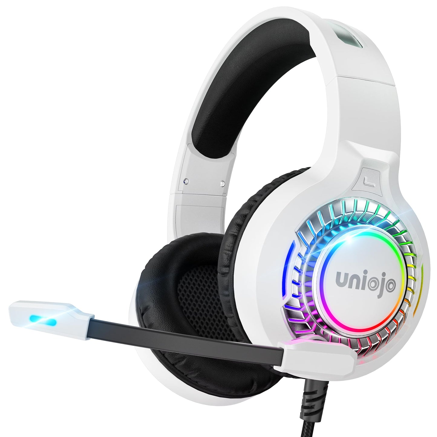 White Gaming Headset for PS5, PS4, PC, Xbox Headset with Noise-Canceling, 7.1 Surround Sound, RGB Light, Memory Foam Ear Pads, Wired Over-Ear Headphones for Xbox Series X/S, Switch