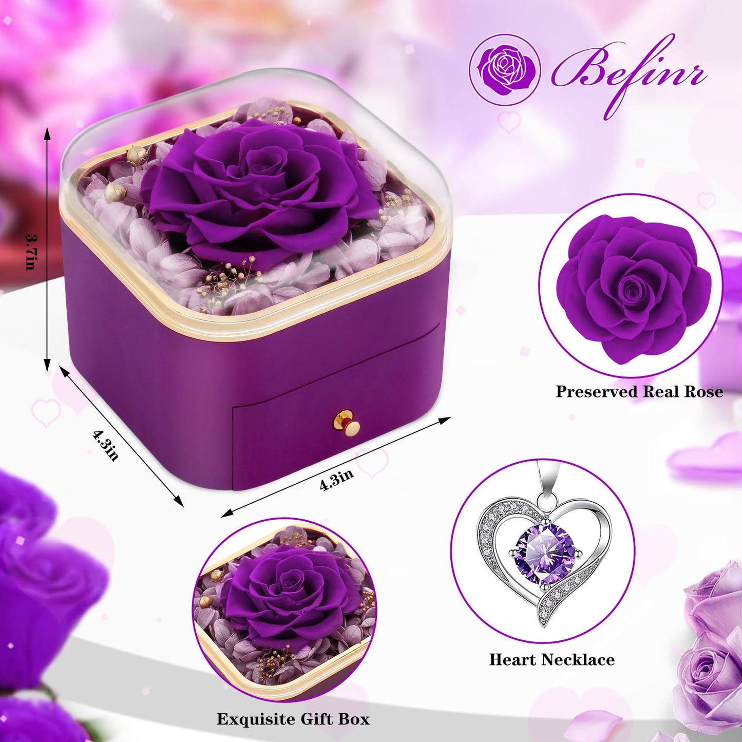 Beferr Valentines Day Gifts for Her Preserved Real Rose with Necklace Eternal Roses Fresh Flowers for Delivery Prime Birthday Anniversary Purple Gifts for Women Mom Wife Daughter Grandma Girlfriend