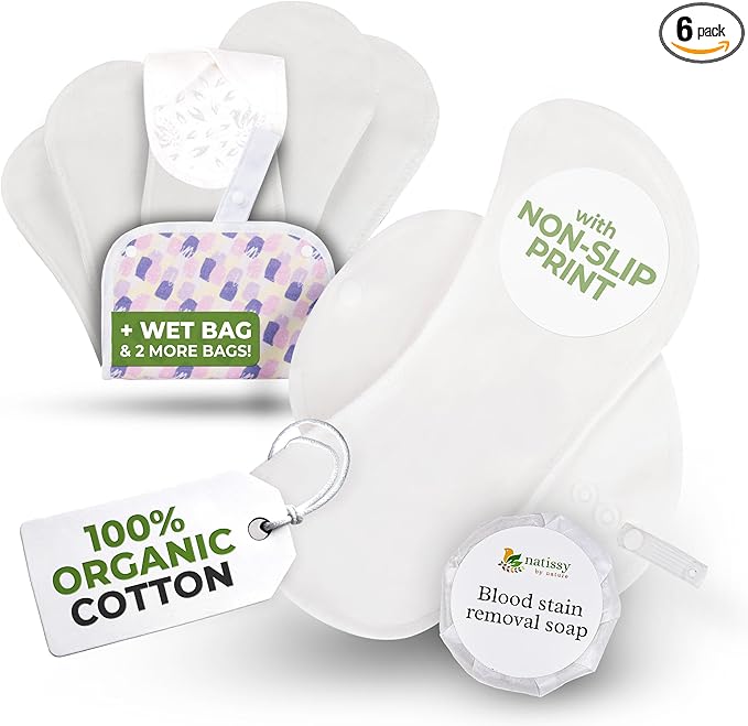 Non-Slip Organic Reusable Period Pads for Light Flow (S+M, 6-Pack); High-Temp Washable Cotton Cloth Pads for Women & Teens; Non-Irritating, Soft Reusable Pads Menstrual for Comfortable Period Care