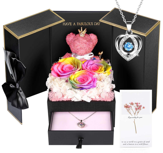 ADDWel Preserved Real Rainbow Rose with Sterling Silver Necklace Gift Set - Romantic Valentines Day Gifts for Wife, Girlfriend - Eternal Flowers Gifts for Anniversary, Birthday