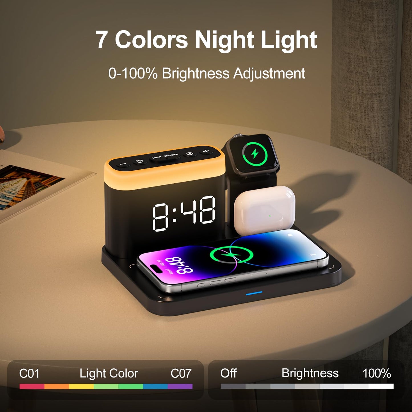 ANJANK Wireless Charging Station,5 in 1 Multiple Charger Stand with Alarm Clock,7 Night Light,Mag-Safe Charging Dock for iPhone 16 15 14 13 12 11 Pro Max Plus,Apple Watch10/9/8/7,for Airpods,Bedrooms