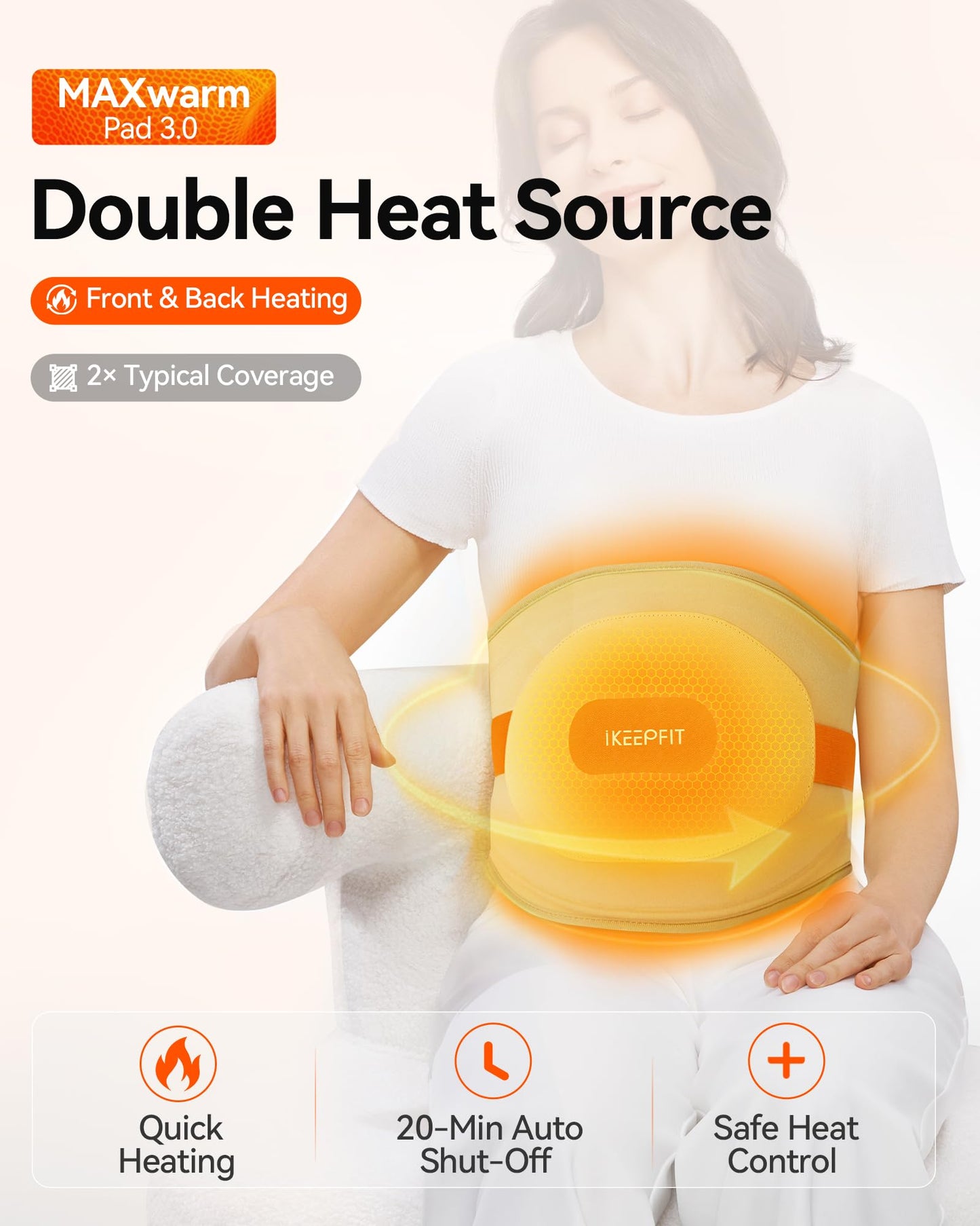 Portable Heating Pad with Massager for Back Pain Relief: MAXwarm® 3.0, IKEEPFIT® Electric Cordless Heat Pad for Period Cramps, Extra Large 65", 8000mAh Battery, Gift for Women Men(Beige)
