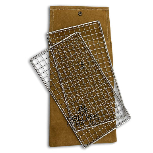 BattlBox Bushcraft Grill Stainless Steel Campfire Cooking Grate (2-Pack) Portable Camping Grate for Fire Cooking BBQ - Canvas Carrying Bag - Welded Mesh Grill Grate - Backpacking, Camping, Hiking