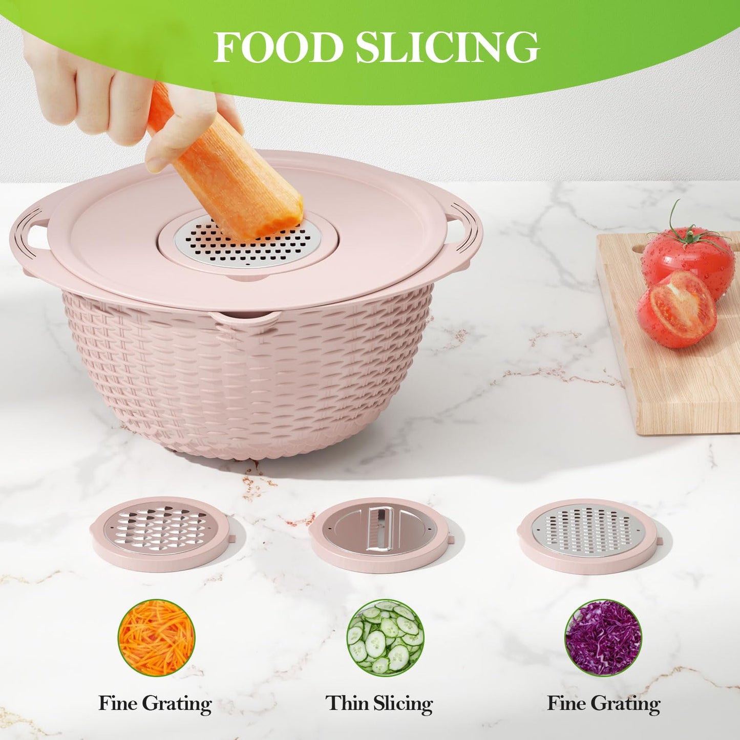 4-1 Strainer Bowl with Lid Set - Strainers and Colanders, Colander for Kitchen, Pasta Strainer, Fruit Cleaner, Veggie Wash, Funny Kitchen Present, Fruit Washing Bowl, Cooking Present for Women - Pink