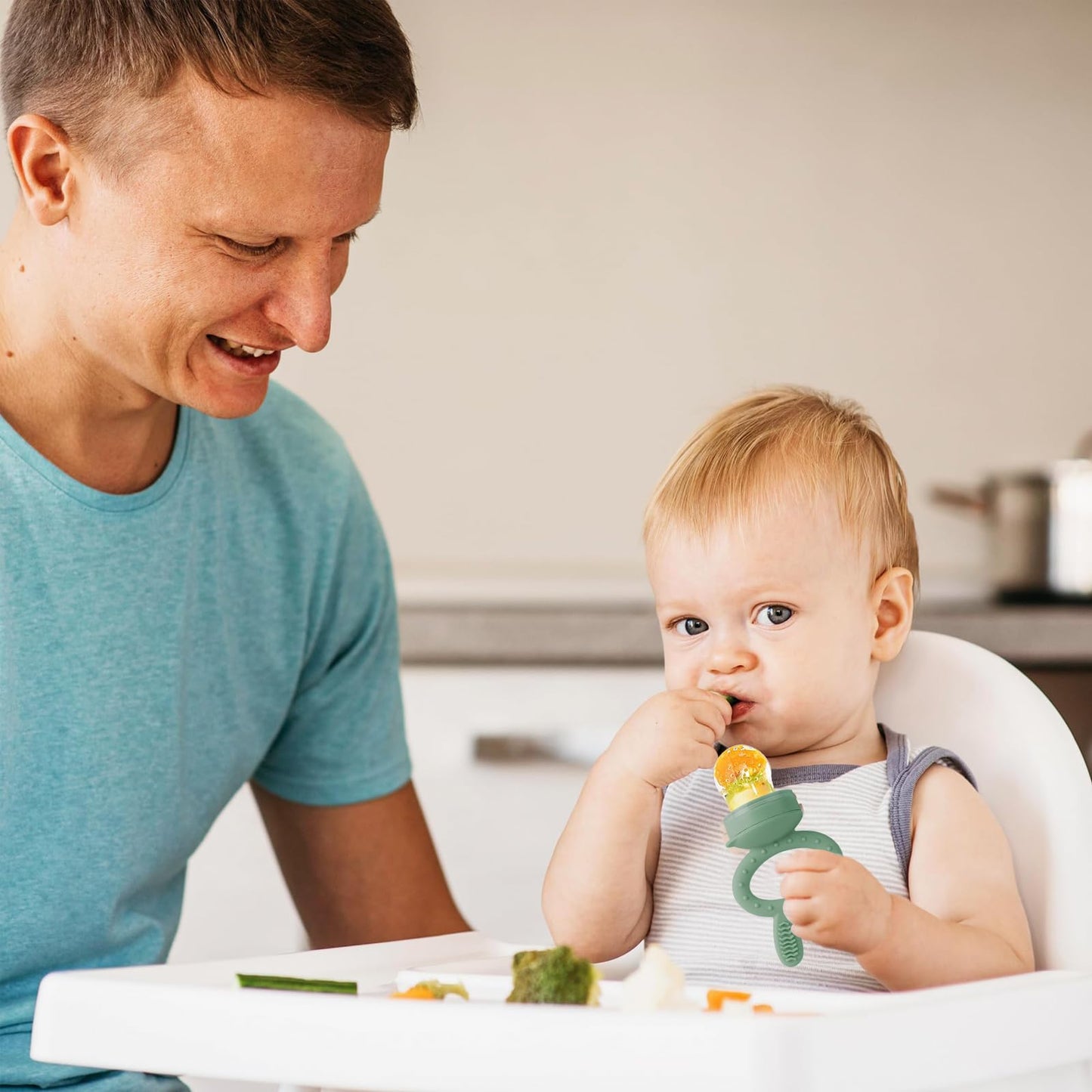 HAOBAOBEI Baby Solids/Frozen Fruit Feeder Pacifier, Infant Teether Toy 4M+, BPA-Free Silicone Pouch & Nipple, Safely Introduce Solids, Teething Relief, 2-Pack - Blue/Green (Rabbit)