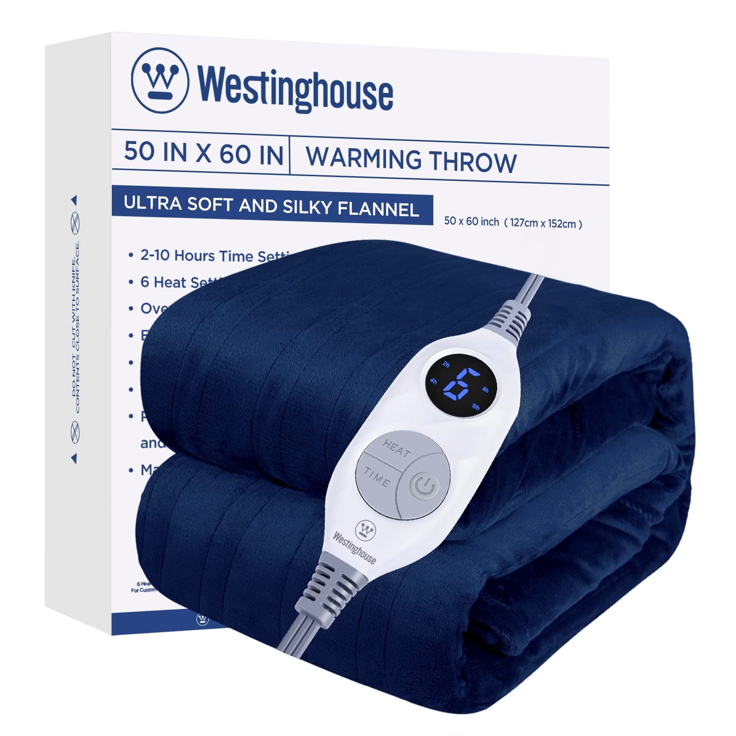 Westinghouse Electric Blanket Heated Throw, Super Cozy Soft Flannel 50"" x 60"" Heated Throw with 6 Fast Heating Levels & 2-10 Auto-Off, Machine Washable, ETL&FCC Certification, Navy Blue