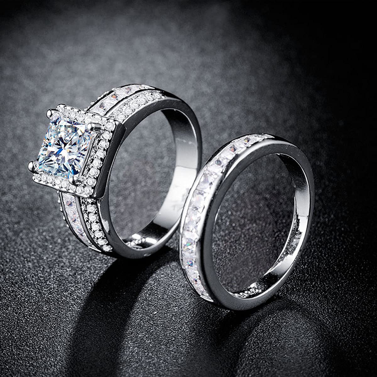 CEJUG 3Ct Wedding Rings for Women Princess Engagement Ring Set Bands 18k White Gold Plated Halo Cz Size 9