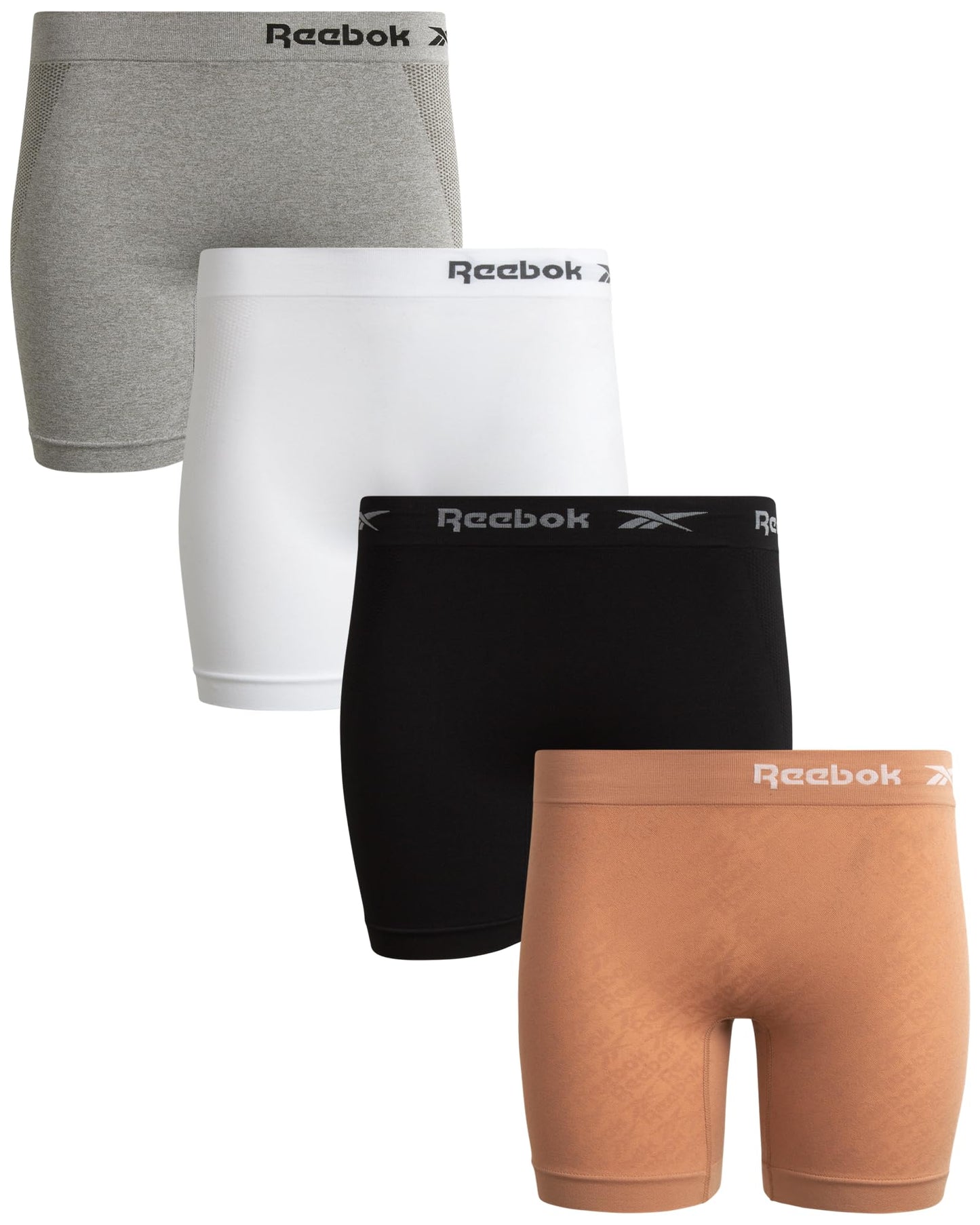 Reebok Womens Boy Shorts Underwear - 4 Pack Seamless Long Leg Boyshorts Panties for Women (S-3X, available in Plus Size), Size Small, Cafe/Black/White/Light Grey Melange