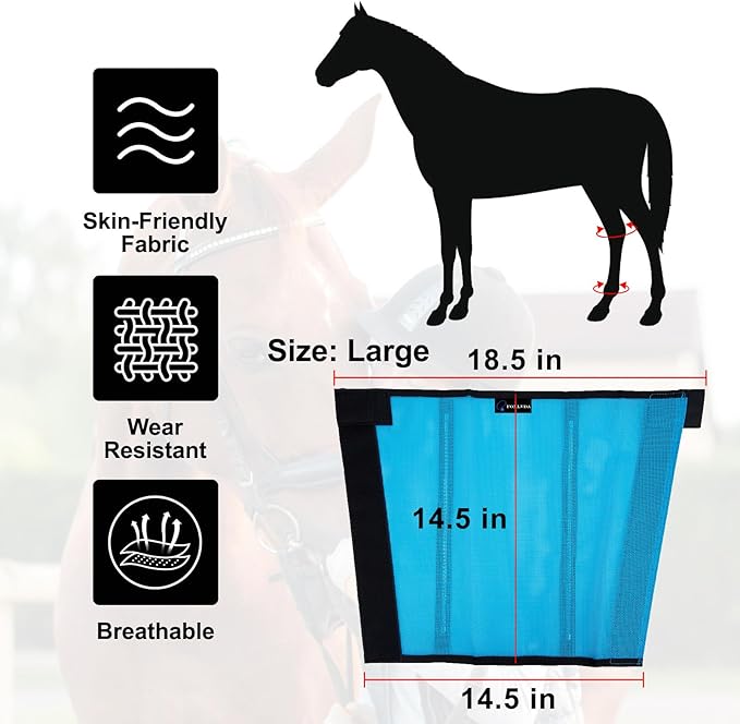 FOXLVDA Horse Fly Boots - Fly Boots for Horses Set of 8, Comfortable Horse Leggings, Mesh Material Design with Metal Support Bars for Reduces Stomping & Leg Fatigue (Blue-Purple, Large)