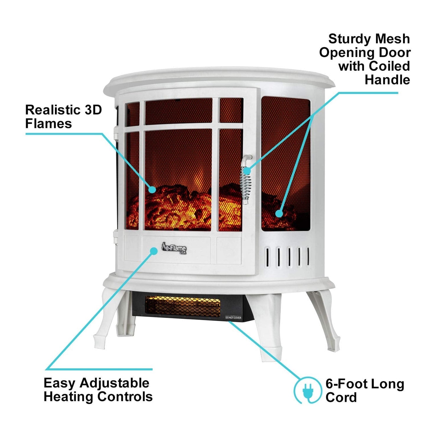 e-Flame USA Regal Freestanding Electric Fireplace Stove - 3-D Log and Fire Effect (White)