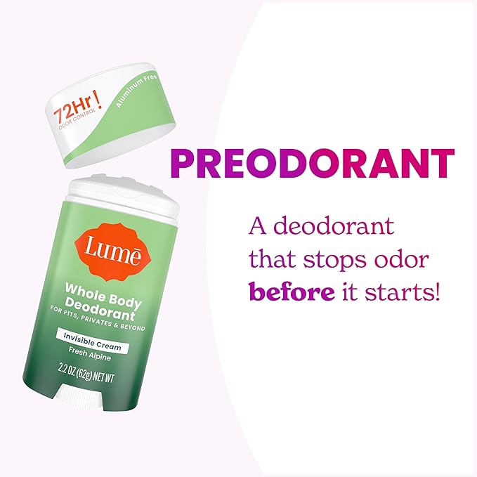 Lume Whole Body Deodorant - Invisible Cream Stick - 72 Hour Odor Control - Aluminum Free, Baking Soda Free, Skin Safe - 2.2 Ounce (Pack of 2) (Fresh Alpine)