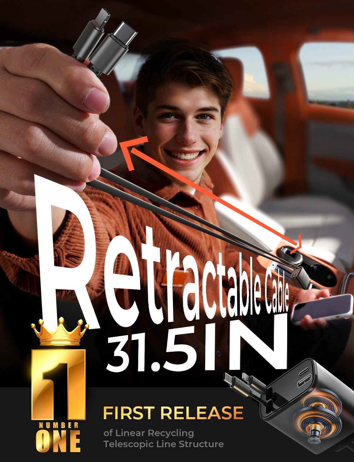 LISEN Retractable Car Charger, for Valentines Day Gifts for Him Her, 69W Cars Adapter USB C Fast Charger for iPhone 17 16 14, Car Accessories Gadgets for Men, Anniversary Birthday Gifts for Men Women