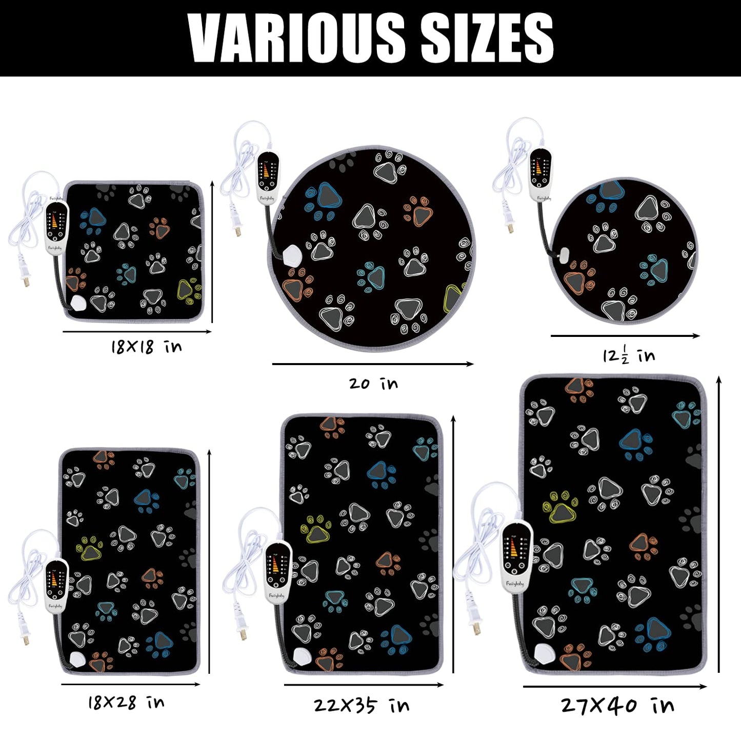 furrybaby Pet Heating Pad, Waterproof Dog Heating Pad Mat for Cat with Durable Anti-Bite Tube Indoor for Puppies Dogs Cats (1 Pack Black, 17 X 17in, Temp Adjustable)