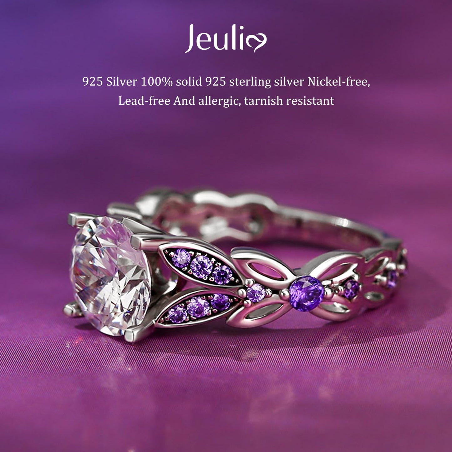 Jeulia 4.3 Carat Personalized Sterling Silver Butterfly Rings for Women Purple Amethyst Birthstone Bridal Rings Set Round Cut Wedding Engagement Promise