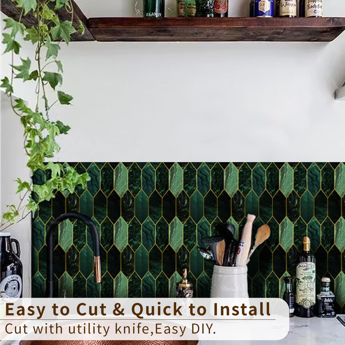 funlife 10Pcs Art Deco Peel and Stick Thick Kitchen Backsplash, Self Adhesive Wall Tile, Flat Glossy Stickers for Home Decor, Holographic Emerald 7.87"x7.87"