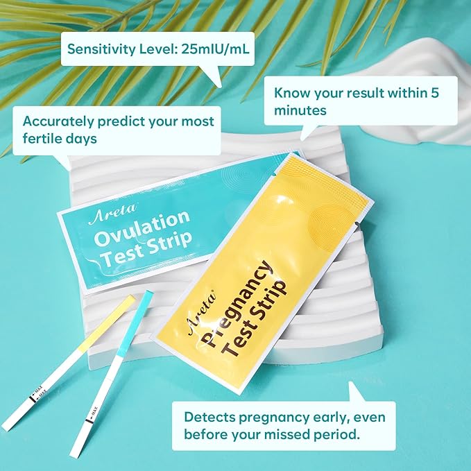 Areta Ovulation & Pregnancy Test Strips: 100 Ovulation Strips & 30 Pregnancy Tests Combo Kit | Accurate at-Home Fertility Tracker | Highly Sensitive Early Pregnancy Detection | 100 LH + 30 HCG