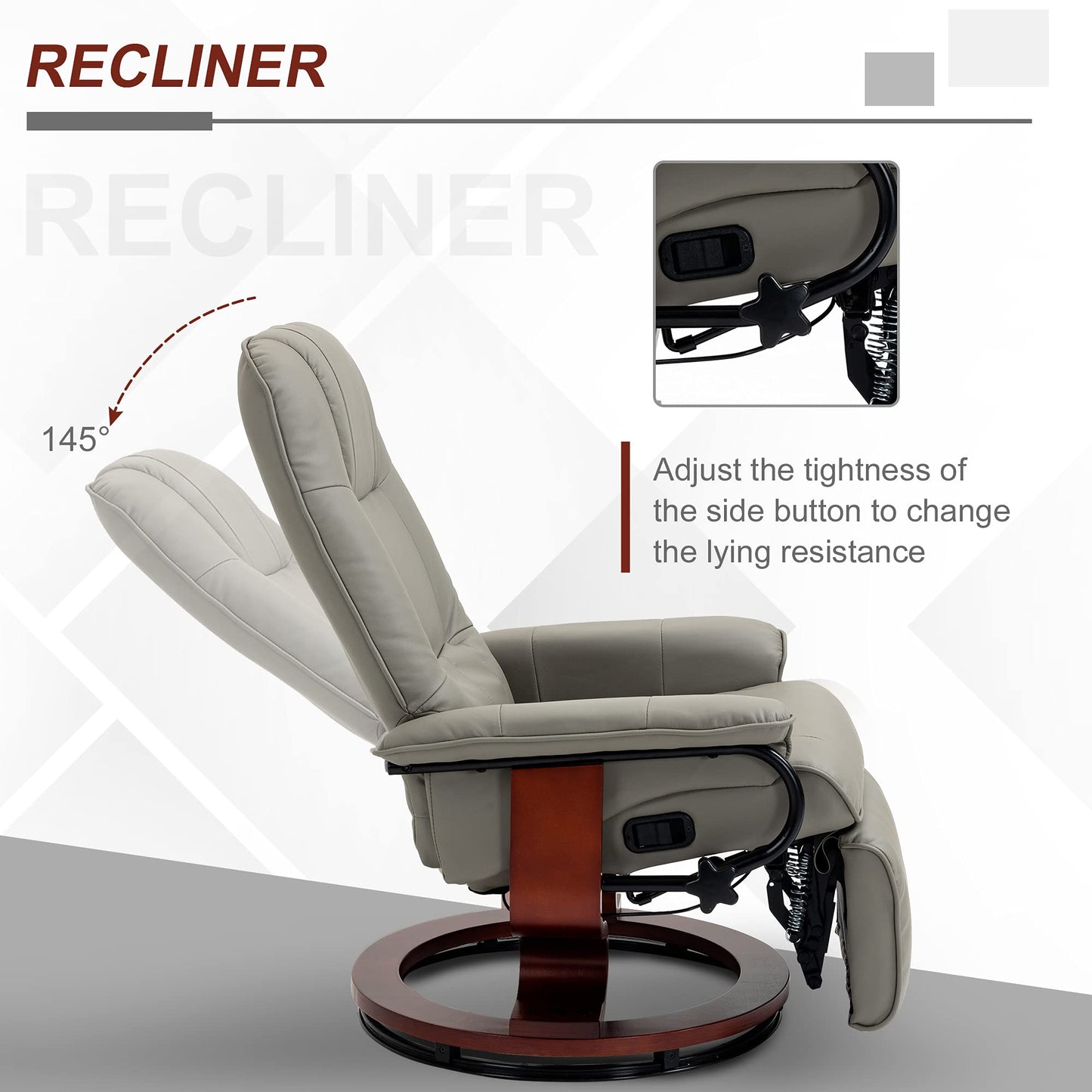 HOMCOM Faux Leather Manual Recliner, Adjustable Swivel Lounge Chair with Footrest, Armrest and Wrapped Wood Base for Living Room, Gray
