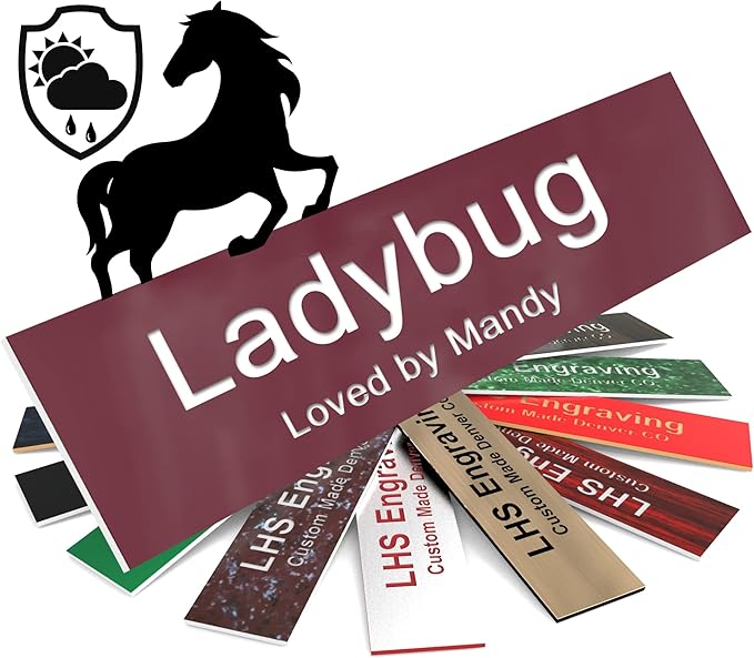 Horse Stall Name Plate, 2x10 Personalized Stall Signs, UV Protected, All Weather Adhesive, Hanging, Mounting or Other, Burgundy Plastic with White Letters - Made in USA - B26