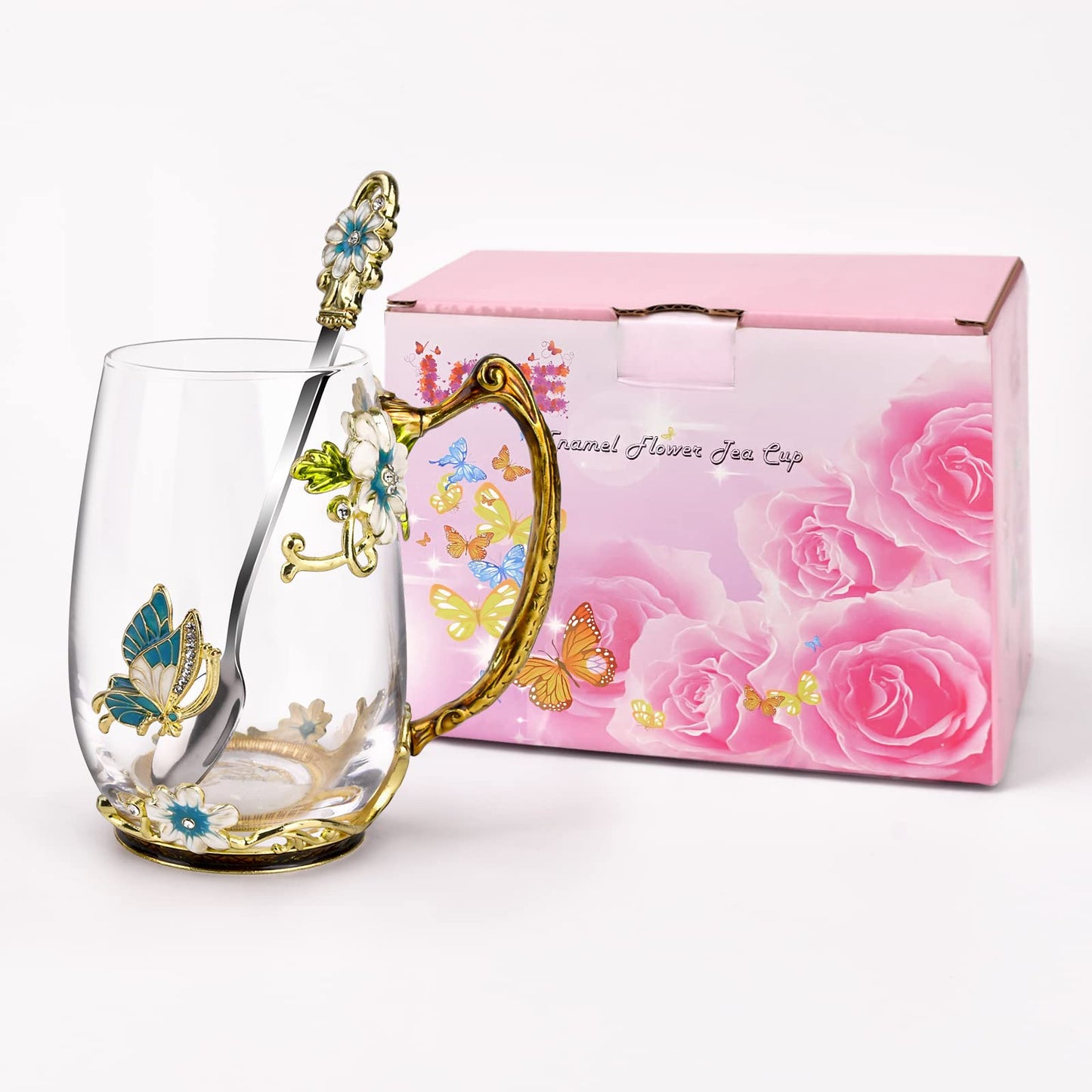 OEAGO Birthday Gifts for Women Mom Glass Coffee Enamels Mug Best Mothers Day Butterfly Gifts for Her from Daughter Son Lead-Free Christmas Tea Cup with Spoon Sets