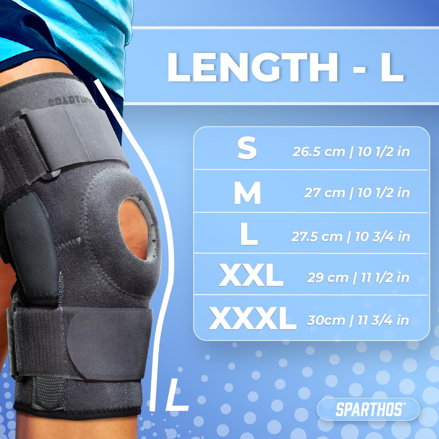Sparthos Knee Brace - Relieves ACL, MCL, Meniscus Tear, Arthritis, Tendons Pain - Open Patella Design with Dual Hinges - Patellar Compression Support, Plus Size Fit - For Men and Women - XXX-Large