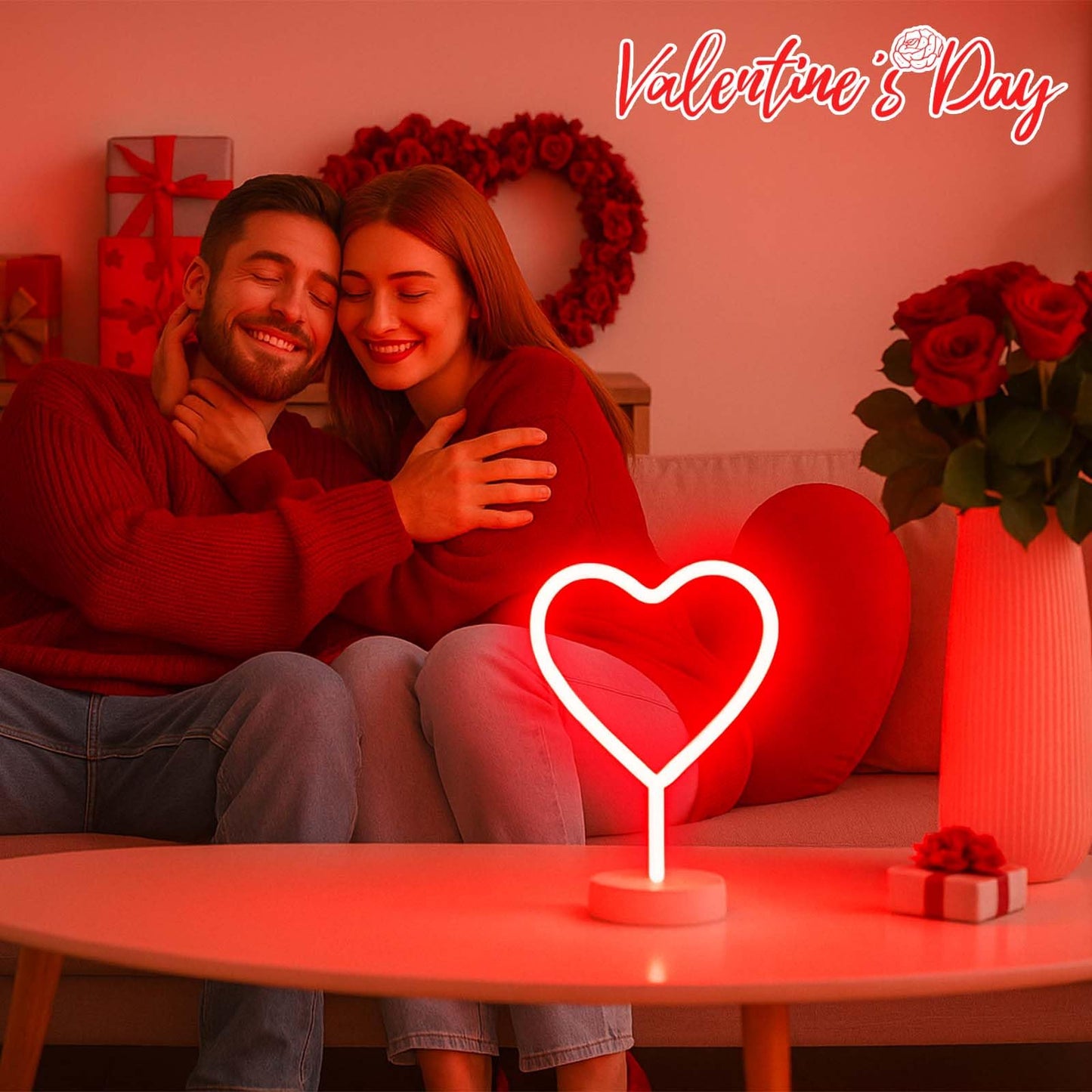 BHCLIGHT Pink Heart Neon Sign, Valentines Day LED Neon Light Battery Operated or USB Powered Valentines Pink Heart Lights, Table Lamp for Galentines Day Decorations, Wedding, Gifts for Women, Lover