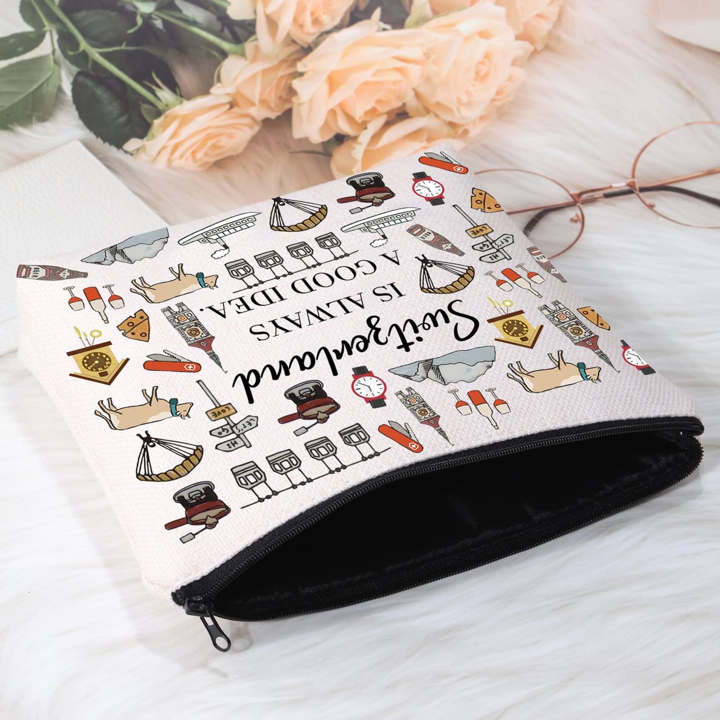 POFULL Swiss Mountains Gift Switzerland Is Always A Good Idea Cosmetic Bag Europe Trip Gift (Switzerland Is Always Cosmetic Bag)