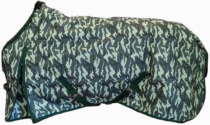 AJ Tack 1200D Waterproof Winter Horse Blanket with Hood - 400g Heavyweight Turnout with Fleece Collar, Shoulder Gussets & Tail Flap - Camouflage 70"