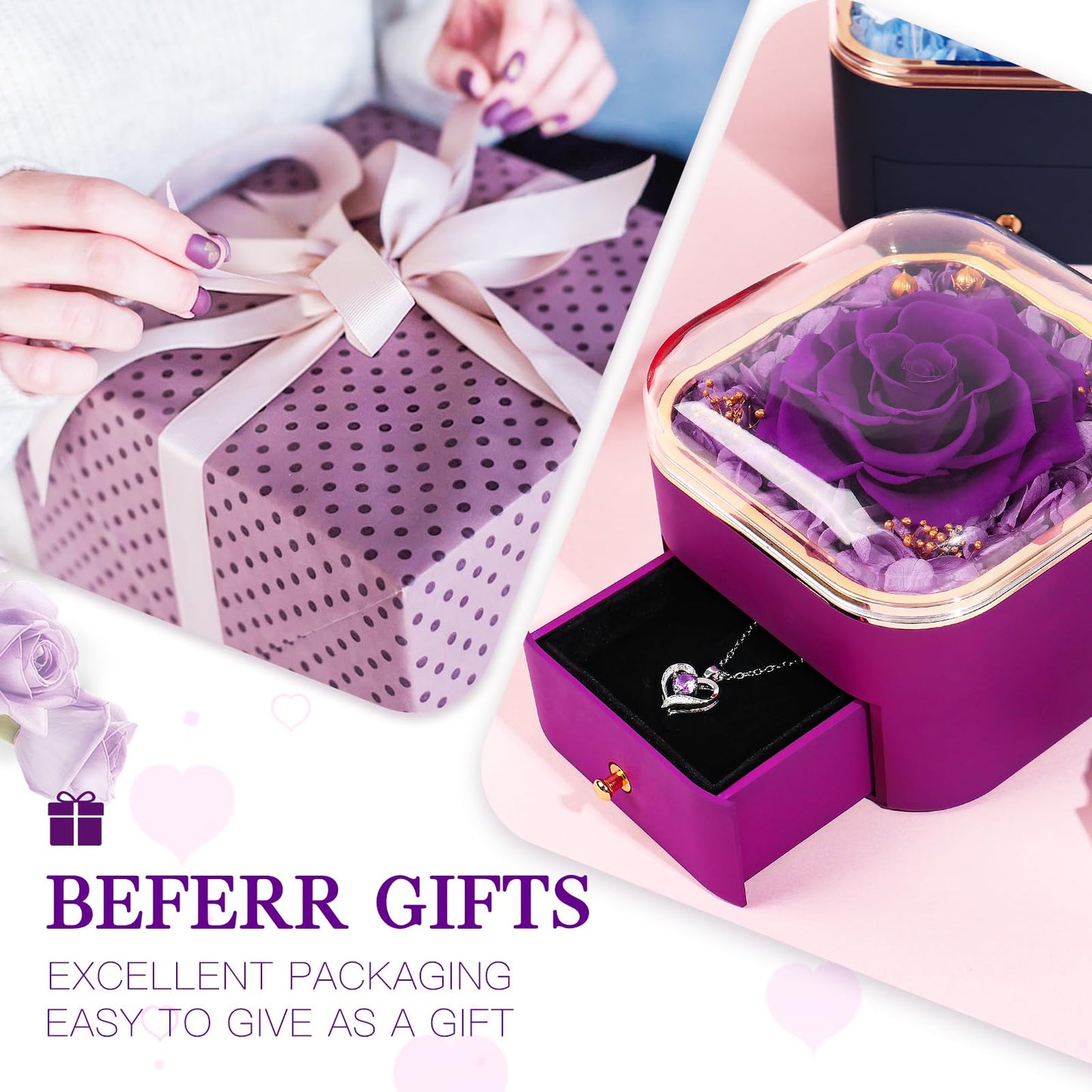 Beferr Valentines Day Gifts for Her Preserved Real Rose with Necklace Eternal Roses Forever Flowers for Delivery Prime Mothers Anniversary Birthday Gifts for Women Mom Grandma Wife Daughter Girlfriend