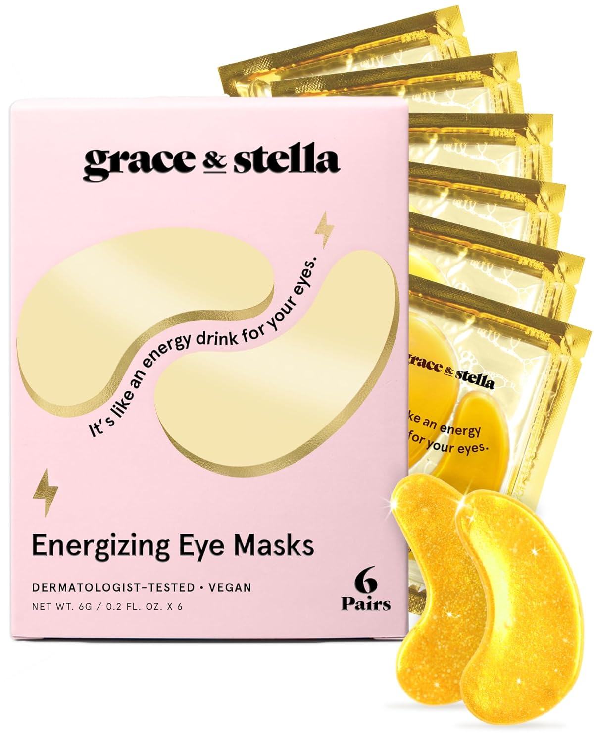 Grace & Stella Vegan Under Eye Mask | Travel Size Gel Patches for Dark Circles & Puffiness (6 Pairs, Gold)