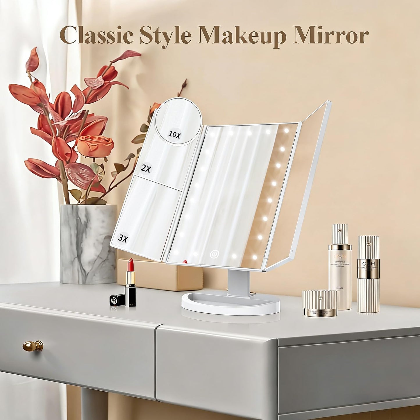 HUONUL Makeup Mirror, Vanity Mirror with Lights, 2X/3X/10X Magnification, Touch Control, Trifold, Dual Power Supply, Valentines Day Gifts for Her,Gifts for Women, Wife, Mom, Girls,Dorm Room Essentials