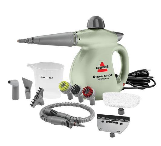 BISSELL® Steam Shot™ OmniReach handheld portable steam cleaner for tile, grout, windows, bathrooms, kitchens, fabric steaming tool, includes 10 tools