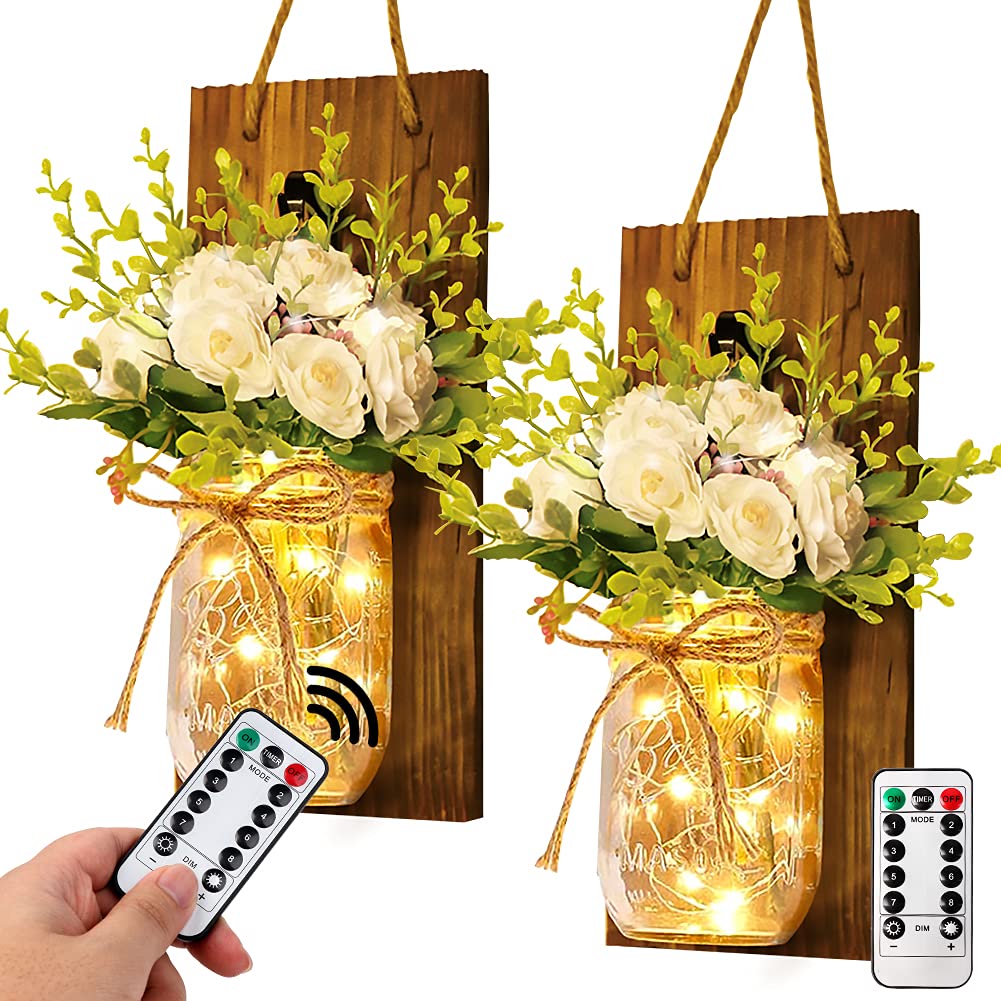 AerWo 2Pcs Mason Jar Sconces Wall Decor, Handmade Rustic Sunflower Wall Decor with LED Fairy Lights and Flowers, Hanging Mason Jar for Farmhouse Kitchen Decorations Living Room Lights