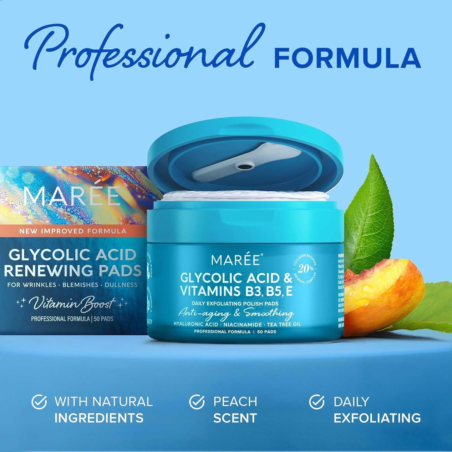 Glycolic Acid Toner Pads | Facial Peel with Tea Tree Oil & Vitamins | 50 Count