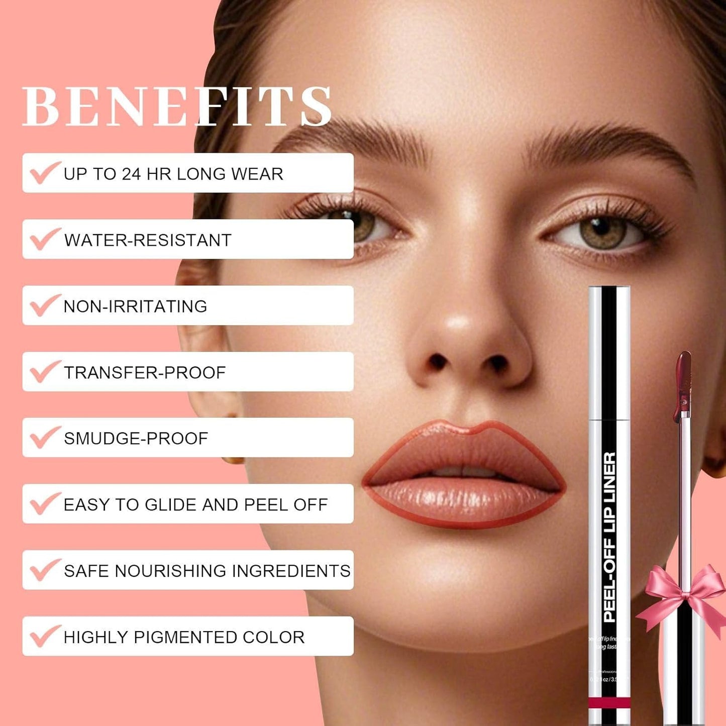 Peel Off Lip Liner Stain - Long Lasting Natural Lip Stain Transfer-proof Lip Liner, Moisturizing Waterproof Lip Gloss Stain, Highly Pigmented Color for All Skin, Ideal Gifts for Women (Rose)