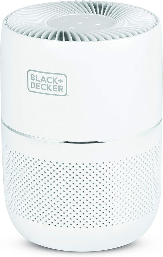 BLACK+DECKER Tabletop Air Purifier, HEPA Air Purifier for Rooms Up To 435 Sq. Ft. per 5 Air Changes, 3-Stage Filtration System with Carbon Filter, ENERGY STAR Certified, BAPT01, White