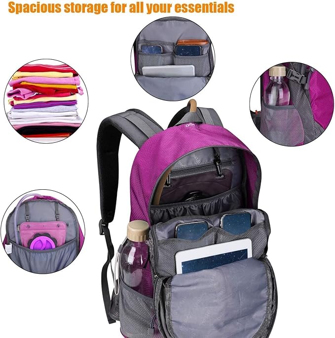G4Free 35L Hiking Backpack Water Resistant Outdoor Sports Travel Daypack Lightweight with Rain Cover for Women Men(Rose Red)