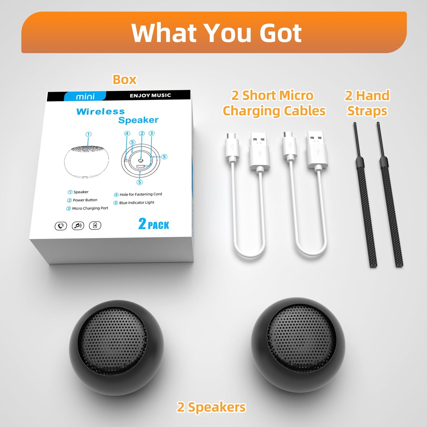 AUKSKY 2Pack Portable Mini Speaker, Bluetooth Tiny Speaker,Wireless Micro Speaker for Phone/PC/Tablet, Rechargeable Battery, Built-in Microphone, Cute Mini Speaker with Strap to Carry, Black